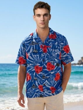 USMC Cool Blue Hawaiian Shirt by AE Sport Tropical Floral Pattern Iconic USMC M